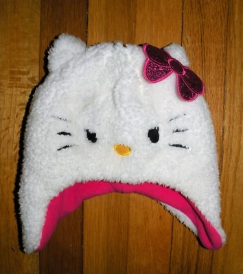 HELLO KITTY Niñas 2T-5T Súper Suave BLANCO SOMBRERO POLAR + LAZO Y FORRO ROSA Foto 1 de 4
