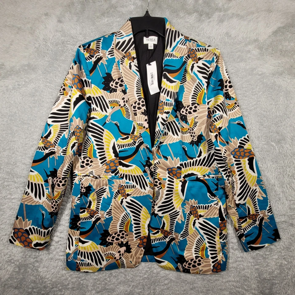 Terea By Andrea Pitter Blazer женщин маленький синий журавль печать новый с Ярлыками - Изображение 1 из 4