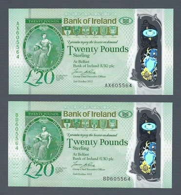 NORTHERN IRELAND Bank of Ireland 20 Pounds 2017 (2020), 2x Match S/N 605564, UNC - Image 1 of 2