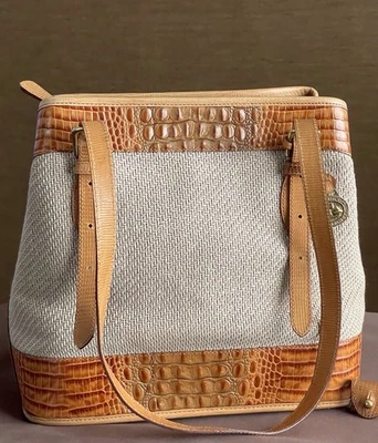VTG Brahmin Tisbury Stella Raffia Woven Straw Tan Croc Leather Shoulder HandBag - Image 1 of 4