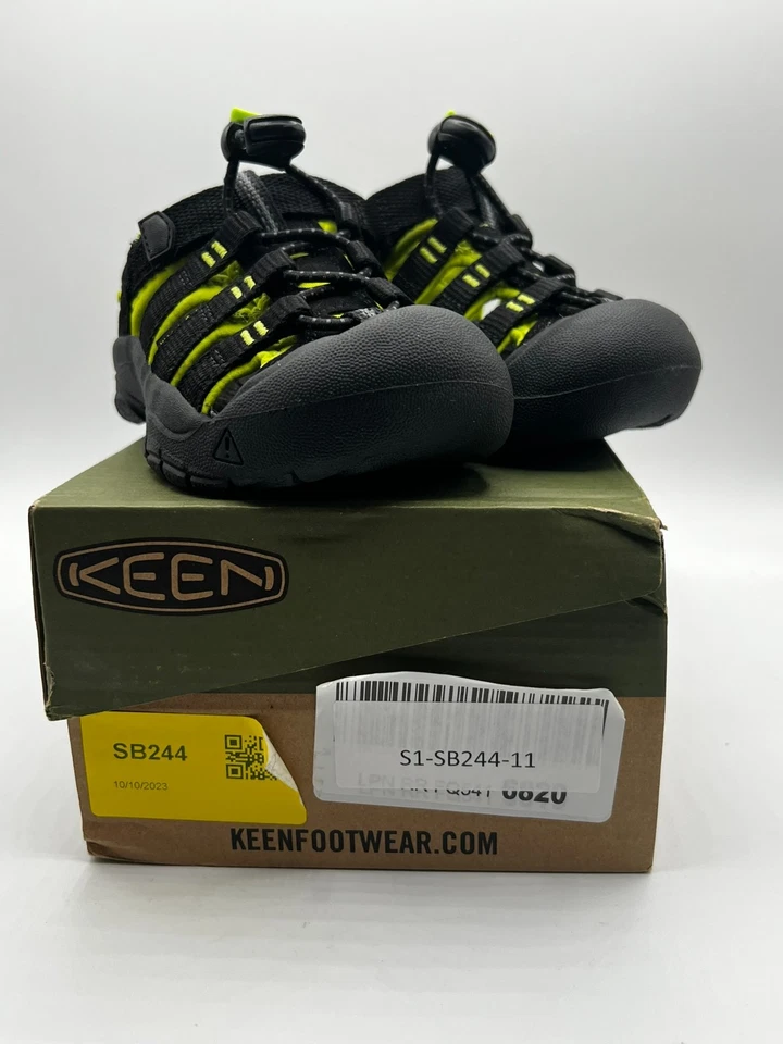 Keen Kids 9 水鞋 Newport H2 防水凉鞋 黑色 莱姆绿 全新 — 第 1/4 张图片