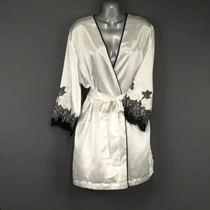 Oscar de la Renta Robe Womens Large White Black Lace Satin Kimono Pink Label - Picture 1 of 10