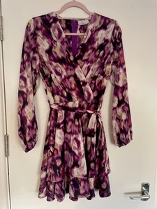 Quiz Purple Floral Print Skater Mini Dress Long Sleeves Zipped Tie Belt - UK 12 - Picture 1 of 10