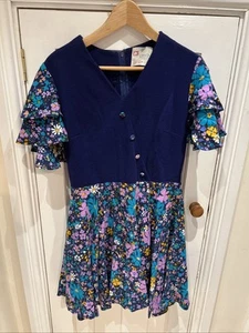 Canda Womens Size 14 Knee Length 1970 1980 Floral Short Sleeve Dress Blue purple - Picture 1 of 9