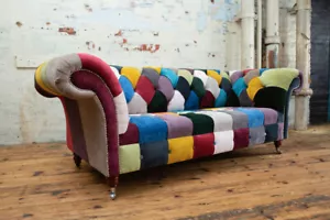 HANDMADE 3 SEATER BRIGHT MULTICOLOURED VELVET FABRIC PATCHWORK CHESTERFIELD SOFA - Picture 1 of 9