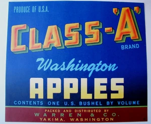 Original CLASS-'A' apple crate label Warren & Co. Yakima Washington blue - Picture 1 of 1