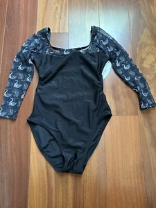 Audition Dancewear Ballet Leotard Child Large Black With Beautiful Swan Mesh - Picture 1 of 4