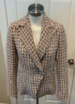 Elie Tahari White, Red, Gold & Black Tweed Blazer w/ Fringe Trim, Size 0 - Image 1 of 4