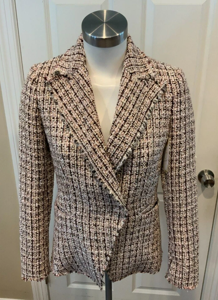 Blazer de tweed Elie Tahari blanco, rojo, dorado y negro con ribete de flecos, talla 0 Foto 1 de 4