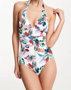 NWT Palmers Palm Leaves M White Halter V-Neck One-Piece Swimsuit #104115 - Picture 1 of 1
