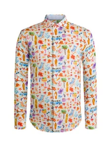 Bugatti XL $179 SUMMERTIME FUN Point Collar Long Sleeve Printed Linen Shirt, NWT - Picture 1 of 3