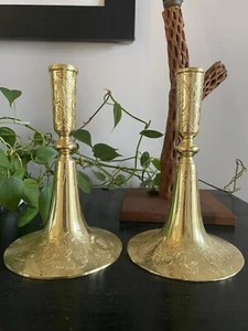 Vintage Brass Candlesticks Set Etched 8" Ornate taper India flower quality Heavy - Picture 1 of 18