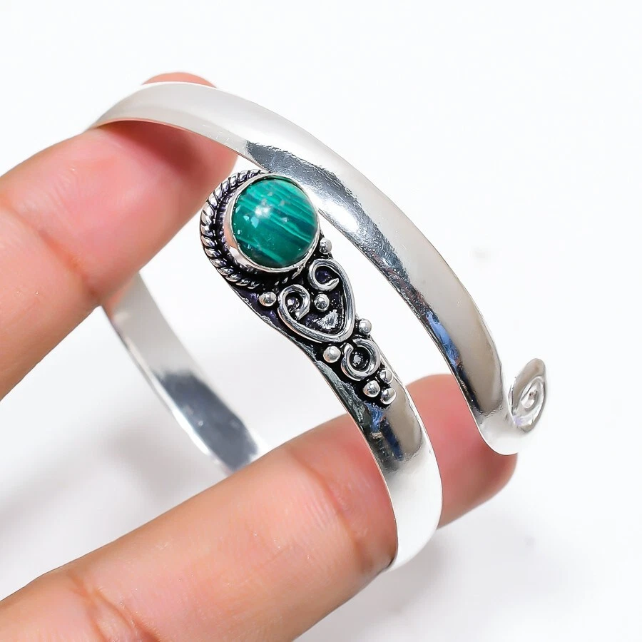 Malachite Gemstone Handmade 925 Sterling Silver Cuff Bracelet Adjustable - Image 1 of 1