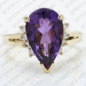 5.40ct Pear Cut Natural Amethyst & Diamond Wedding Ring 18K Yellow Gold Plated - Picture 1 of 15