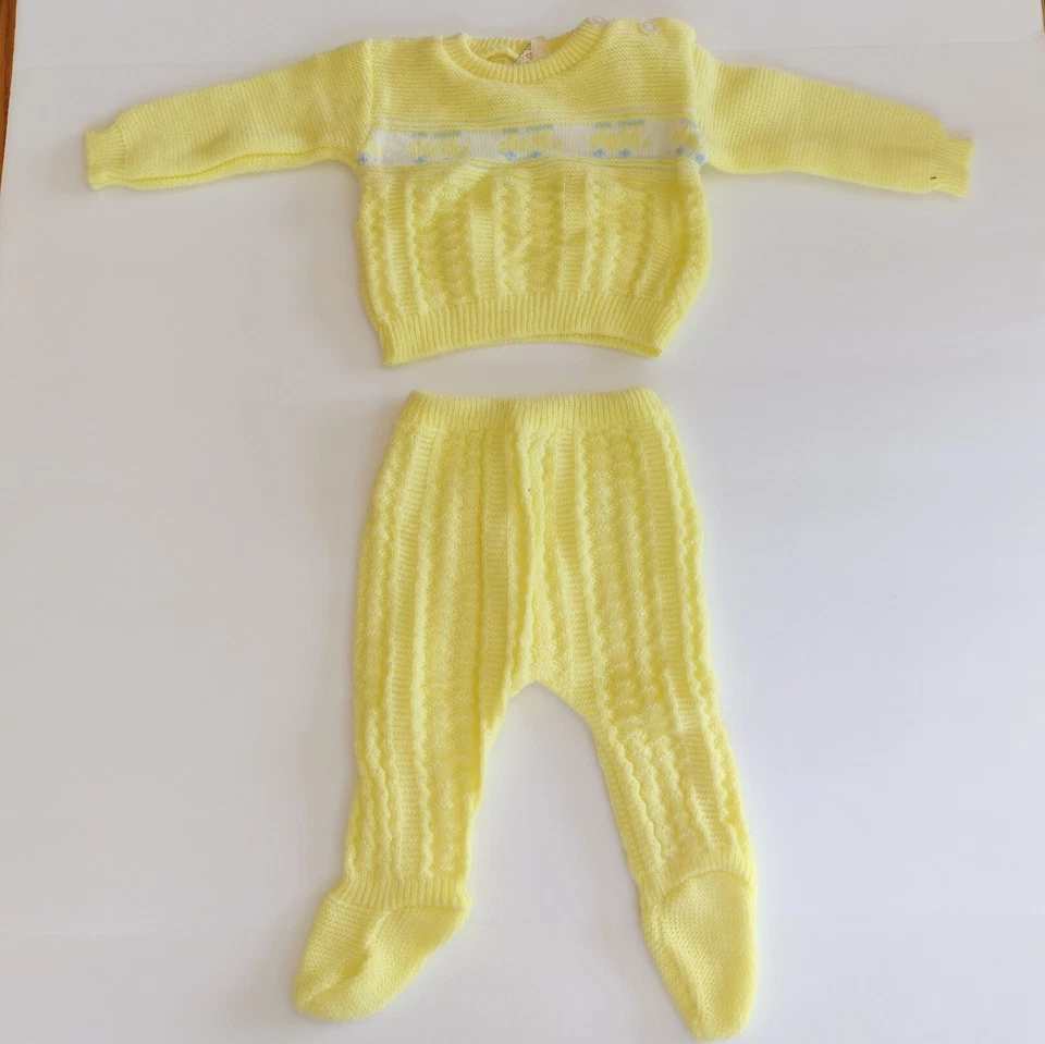 Vintage Soft Spun Infant 0-6 Mos Bright Yellow Knit 2pc Outfit Set Sweater Pants - Image 1 of 4