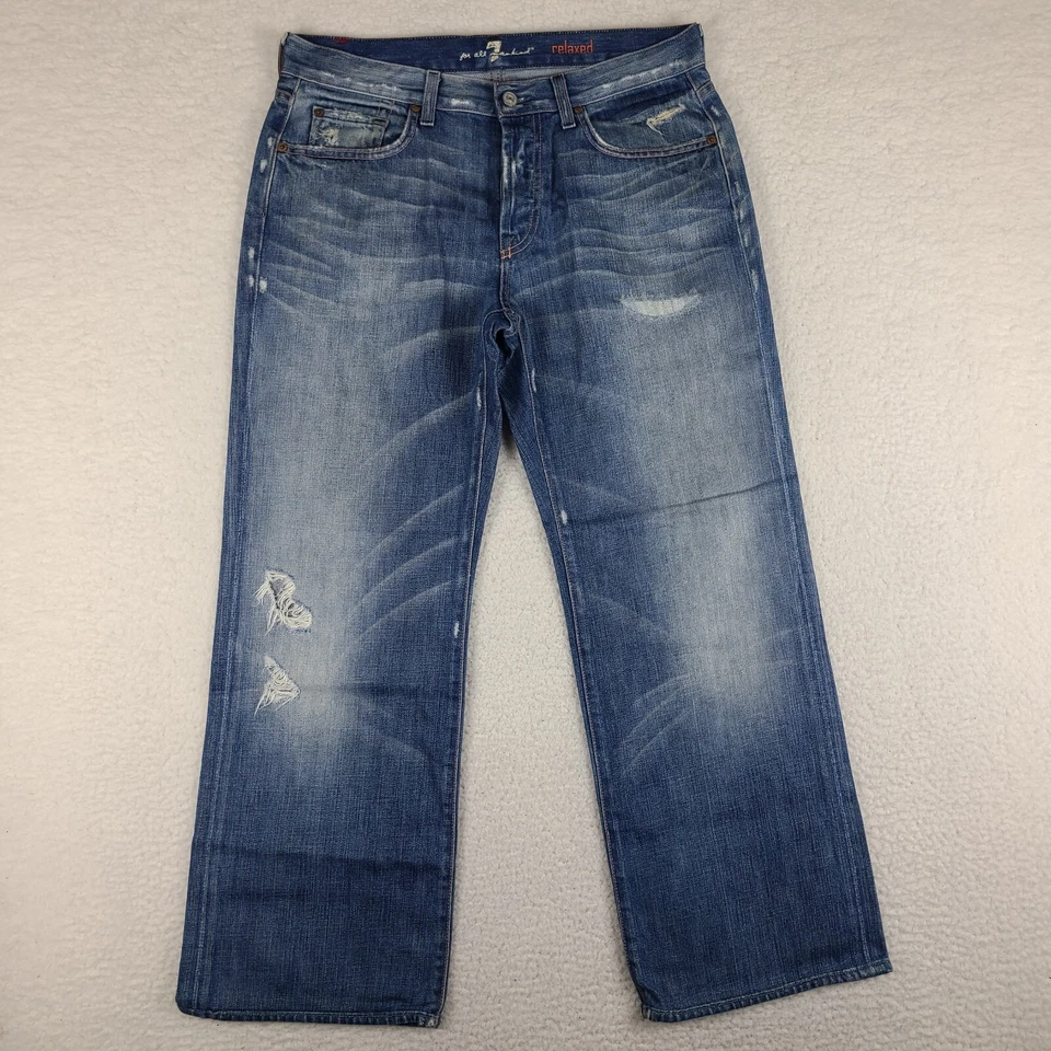 7 For All Mankind Jeans Mens 33x28 Blue Relaxed Fit Button Fly Denim HEMMED - Image 1 of 4
