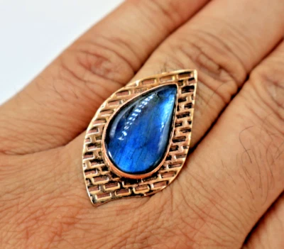 Anel espiritual feito à mão de cobre designer anel de cura labradorita azul lágrima - Imagem 1 de 4
