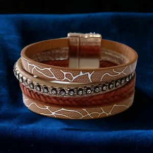 Bohemian Leather Wrap Bracelet Indie Western Magnetic Gold Tone Neutrals Studs - Picture 1 of 22