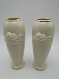 Pair Lenox Rosebud 7 1/2in Porcelain Bud Vases raised flowers gold trimmed - Picture 1 of 4