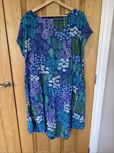 Gudrun Sjoden Blue Floral Cotton Dress Medium M 16 18 Pockets MIDI Cap Sleeve - Picture 1 of 18