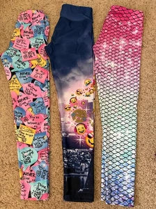 Lot Of 3 Justice Colorful Graphics Print High Waist Full Length Leggings Size 14 - Picture 1 of 8