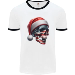 Camiseta Ringer Para Hombre Con Calavera De Navidad Y Bandera Americana - Imagen 1 de 4