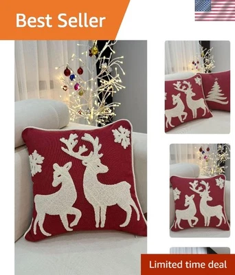 Chic Holiday Reindeer Embroidered Pillow Cover - 17" Burgundy, Easy Care Fabric - Image 1 of 4
