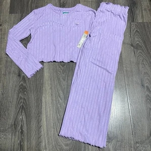 Size 7 Girls Purple Outfit Longsleeve Crop Top & Highrise Pants - Picture 1 of 2