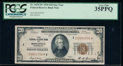 AC 1929 $20 FRBN Minneapolis STAR NOTE PCGS 35 PPQ Fr 1870-I rare note, 28 known - Image 1 of 2