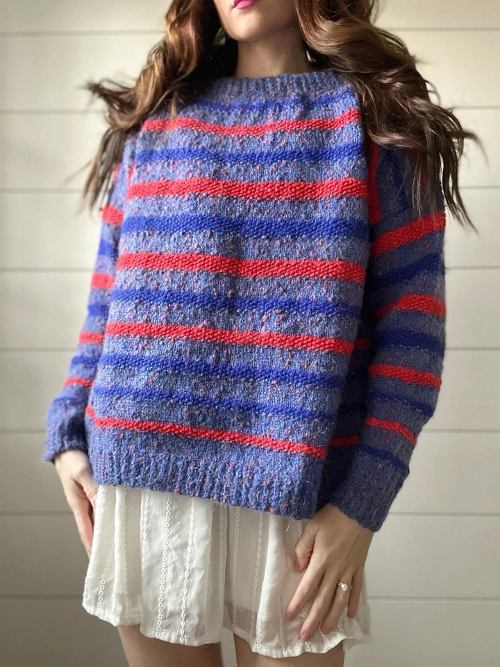Suéter Vintage Hecho a Mano Rayas Grueso Tejido Azul Rojo Pullover  Foto 1 de 4