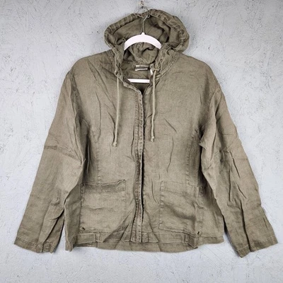 Chicos Linen Hooded Jacket Womens Medium Olive Green Zip Front Pockets Size 1 - Image 1 of 4