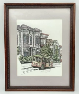 Debbie Patrick signierter handkolorierter Litho San Francisco Trolley viktorianische Häuser - Bild 1 von 10