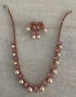 Beautiful Vintage 1950’s Pink Rhinestone Pearls Necklace Choker Clip On Earrings