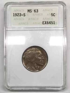 1923 S Buffalo Nickel ANACS MS-63 - old white soapbox holder - Picture 1 of 5