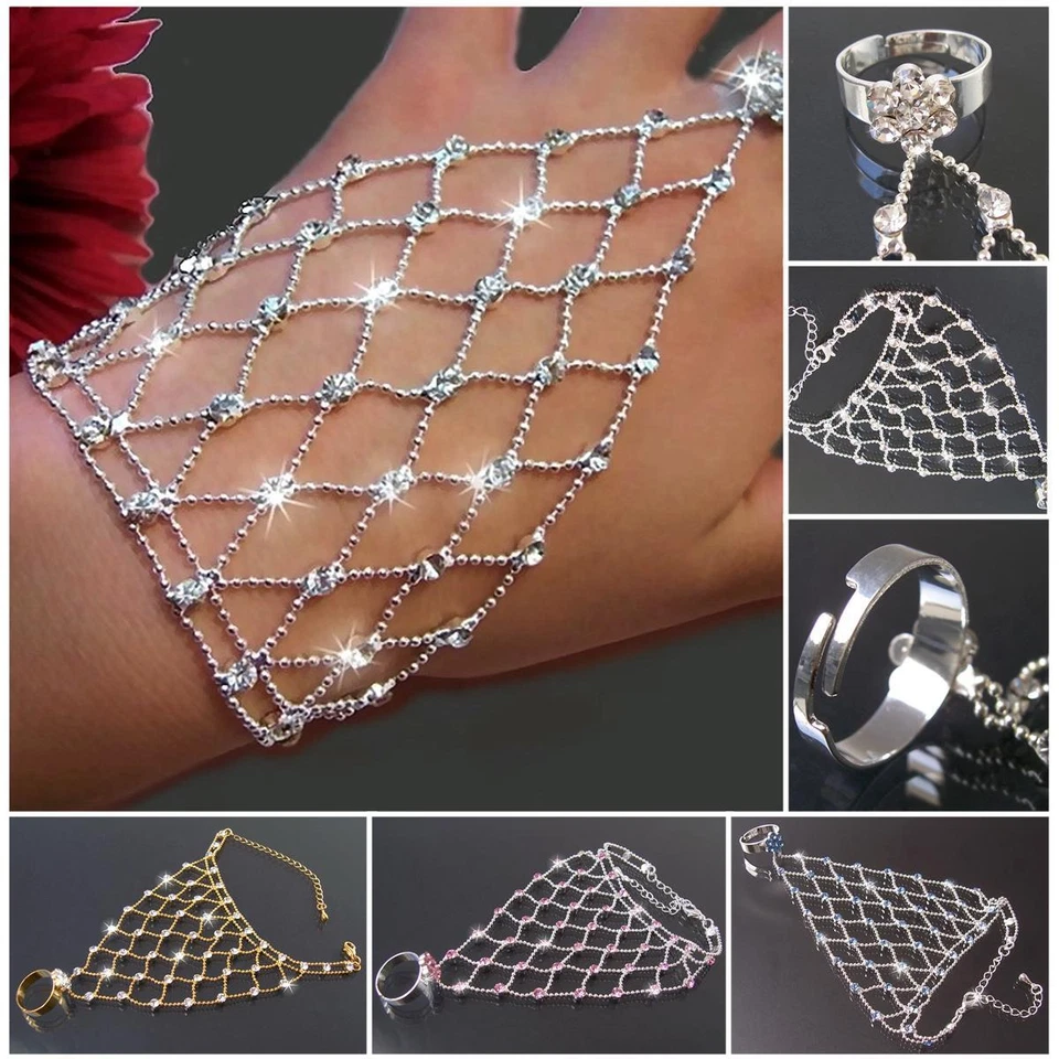 Sklavenarmband Bauchtanz Strass Armband Handkette Ring Handschmuck Orient VA35 - Bild 1 von 1