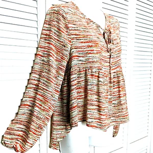 Cropped Boho Blouse Small Red White Print Slinky Hi-Low Peplum Painted Threads - Imagen 1 de 10