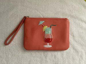 NEW Old Navy Wristlet Cosmetic Travel Beach Bag Faux Leather Peach w Cocktail - Picture 1 of 6
