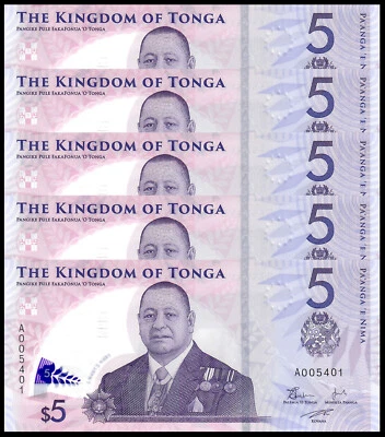 Tonga 5 Pa'anga 2023 2024, UNC, 5 Pcs LOT, Consecutive, Polymer, NEW DESIGN, A00 - Image 1 of 4