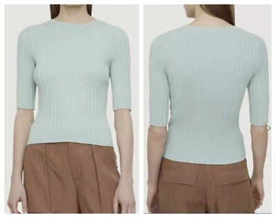 Top Vince Mujer Elástico Acanalado Verde Pálido Hasta el Codo Manga S/P $245 Nuevo con Etiquetas Foto 1 de 4