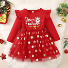 Infant Girls Child Christmas Long Sleeve Deer Prints Splicing Tulle Dresses