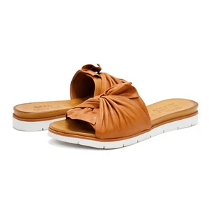 Women Spring Step Lavona Camel Brown Leather Slide Sandal with Bow - Picture 1 of 6
