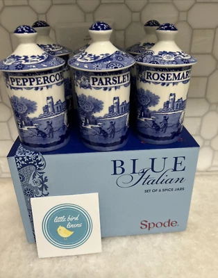 Set of 6 Spode Spice Jars w/ Lids Blue Italian New in Box Porcelain Blue White - Image 1 of 4