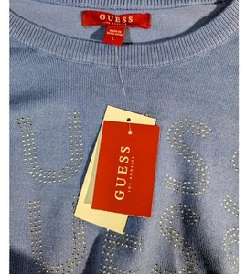 Women's Periwinkle Blue Guess Logo Jeweled Long Sleeve Sweater Size Large - Picture 1 of 4