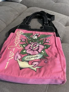 Ed Hardy Tote Bag Canvas Purse Hot Pink & Black Crossbody w/ Double Handles - Picture 1 of 5