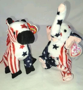 Lefty and Righty, 2000 raro patriottico TY Beanie Babies con etichetta ed etichetta Tush - Foto 1 di 9