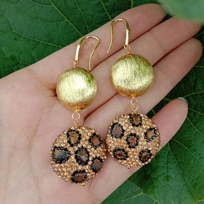 Tiger Eye Gold Crystal Pave Brushed Coin Bead Drop Long Earrings Handmade - Image 1 of 4