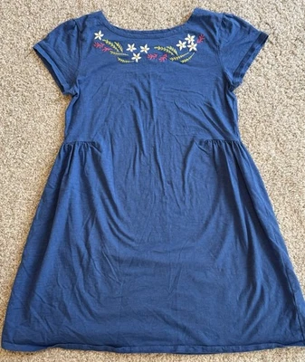 Garnet Hill Kids 100% Organic Cotton Blue Knit Dress With Floral Embroidery | XL - Image 1 of 4