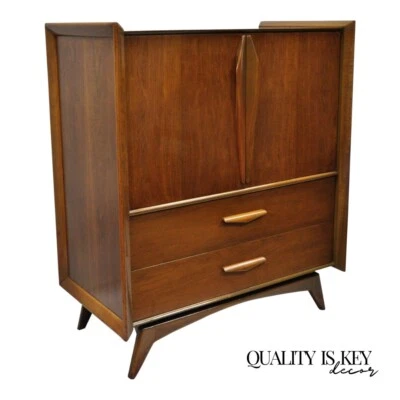 Vintage Mid Century Modern Sculpted Angled Walnut Highboy Tall Chest Dresser - Image 1 of 4