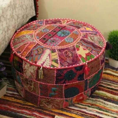 Indian Embroidered Patchwork Round Seating Pouf Cover Footstool Floor Ottoman - Image 1 of 3