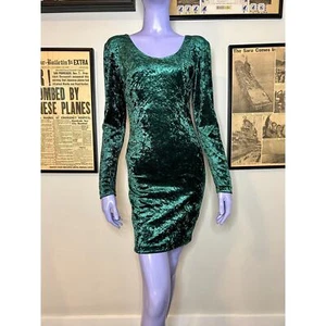 Vintage 90s Green Crushed Velvet Bodycon Mini Dress - Picture 1 of 8